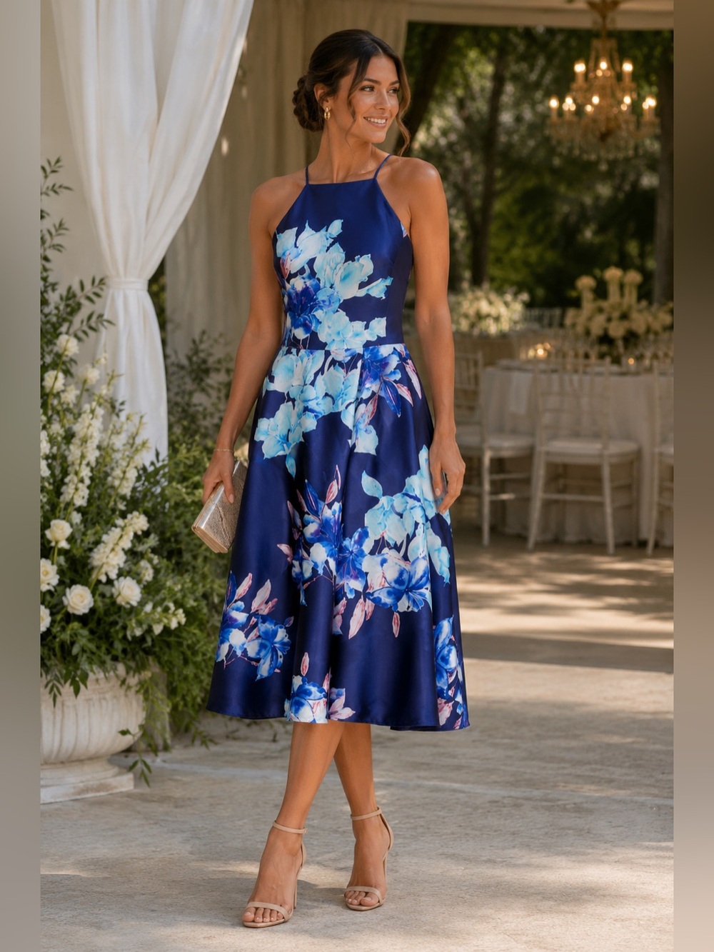 Floral Satin Midi Dress in Navy Blue